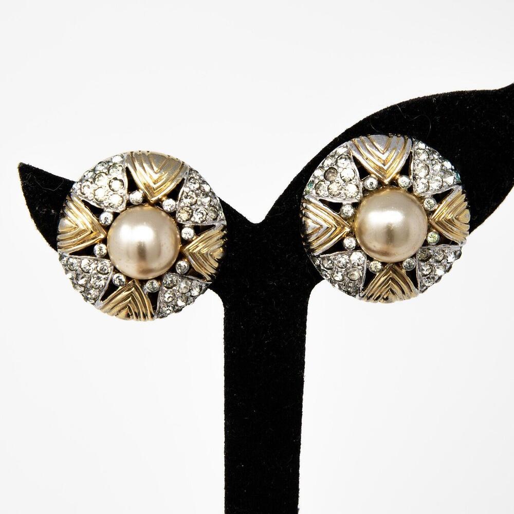 Vintage Gold & Silver Tone MAZER Faux Pearl Rhinestone Clip On Earrings